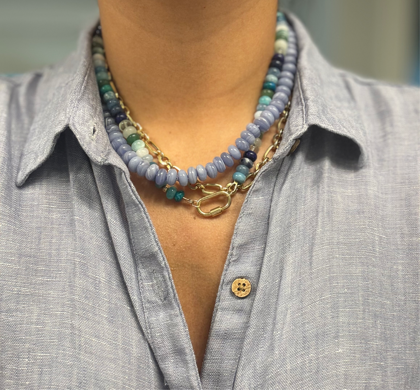 Baby Blue Lace Agate Necklace, Natural Gemstones, Hand-knotted