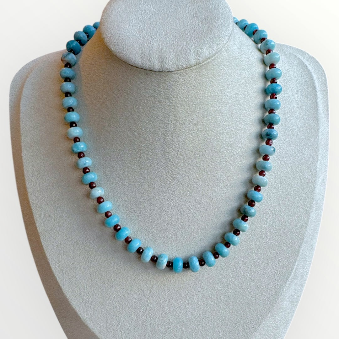 Eli - Larimar Quartz Garnet Gemstone Necklace, Beaded Necklace